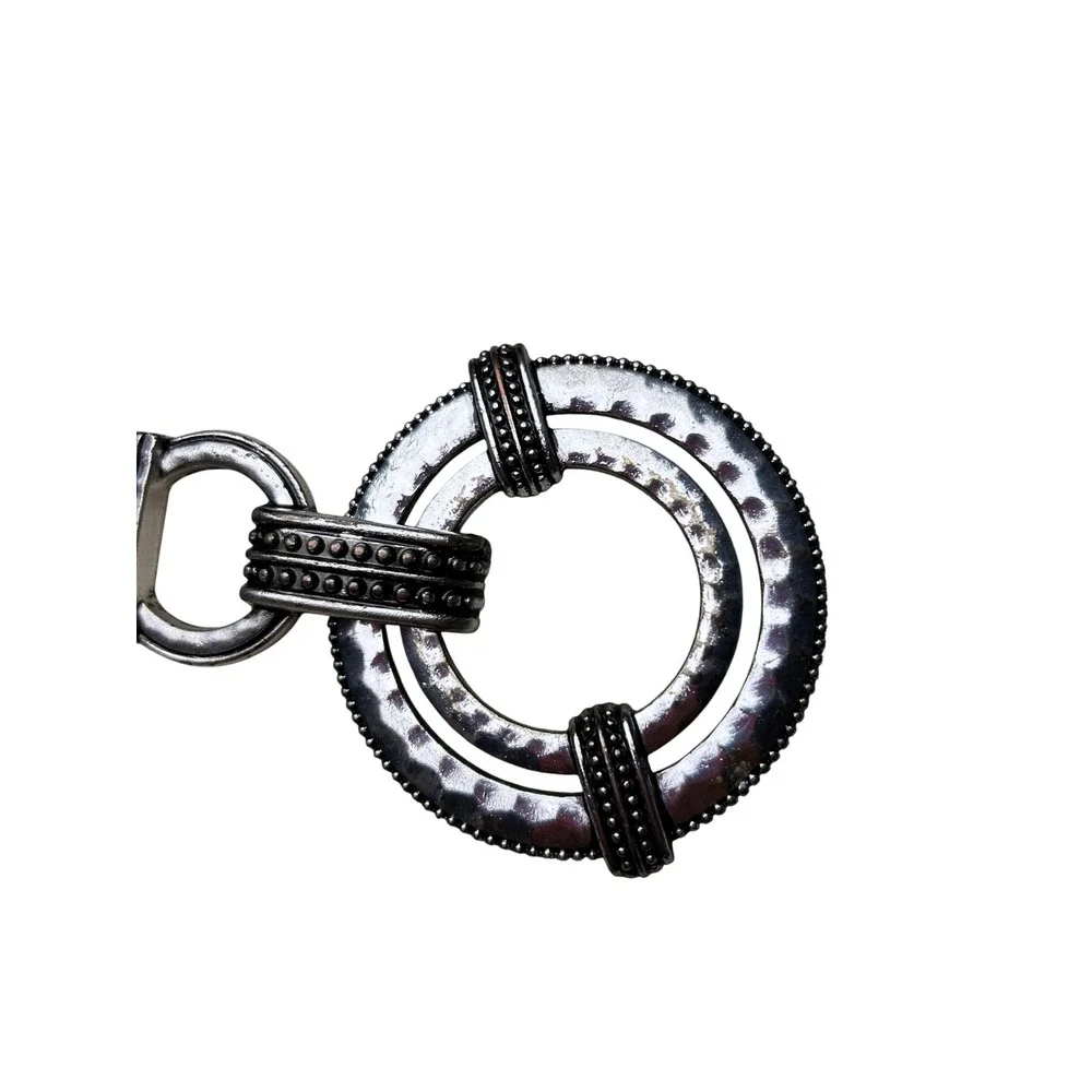 Chicos Black Genuine Leather Medallion Belt Silver Hammered Buckle AdjustableS/M